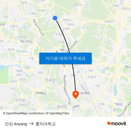 안양 Anyang to 홍익대학교 map