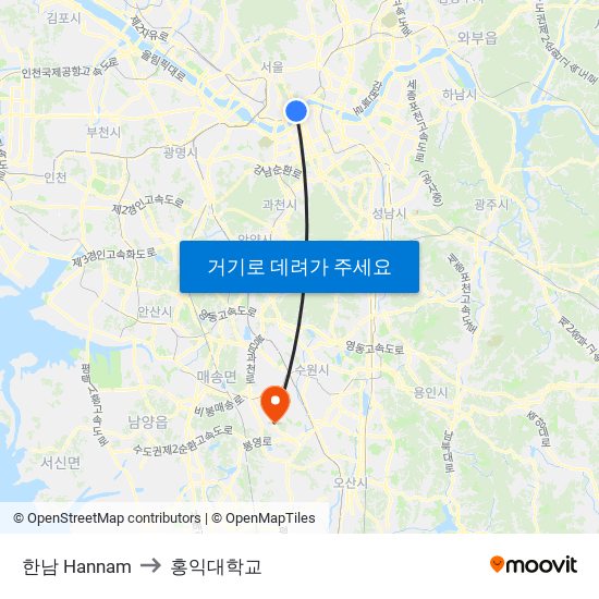 한남 Hannam to 홍익대학교 map