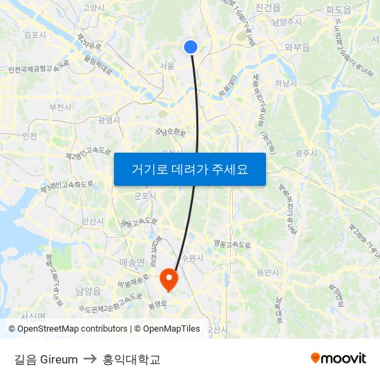 길음 Gireum to 홍익대학교 map