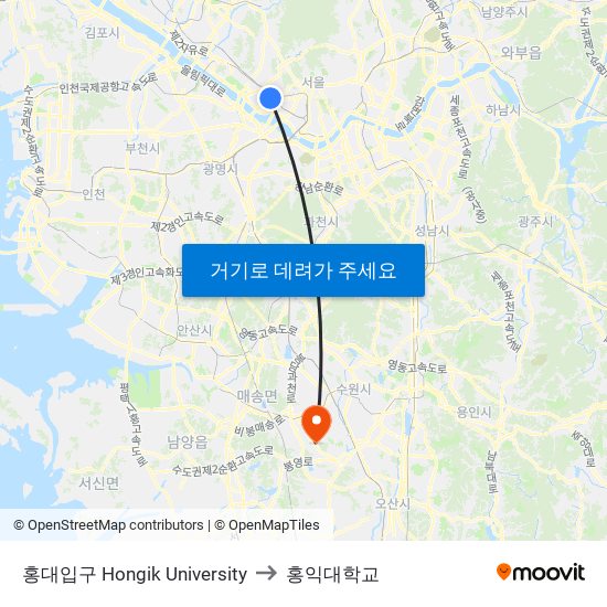 홍대입구 Hongik University to 홍익대학교 map