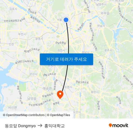 동묘앞 Dongmyo to 홍익대학교 map