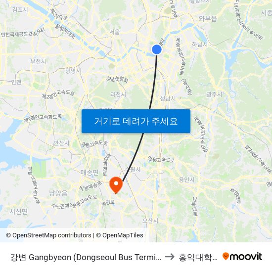 강변 Gangbyeon (Dongseoul Bus Terminal) to 홍익대학교 map