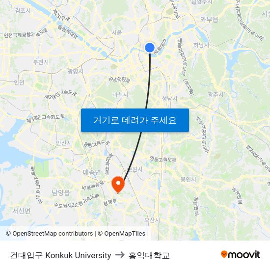 건대입구 Konkuk University to 홍익대학교 map