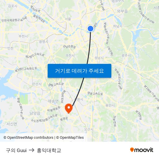 구의 Guui to 홍익대학교 map