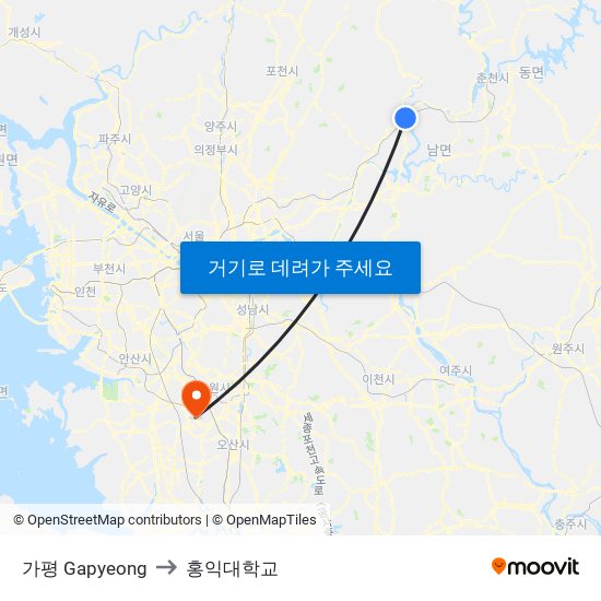 가평 Gapyeong to 홍익대학교 map