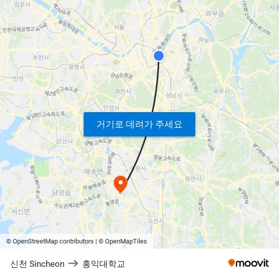 신천 Sincheon to 홍익대학교 map
