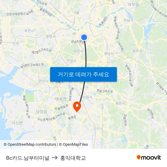 Bc카드.남부터미널 to 홍익대학교 map