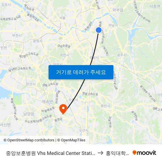중앙보훈병원 Vhs Medical Center Station to 홍익대학교 map