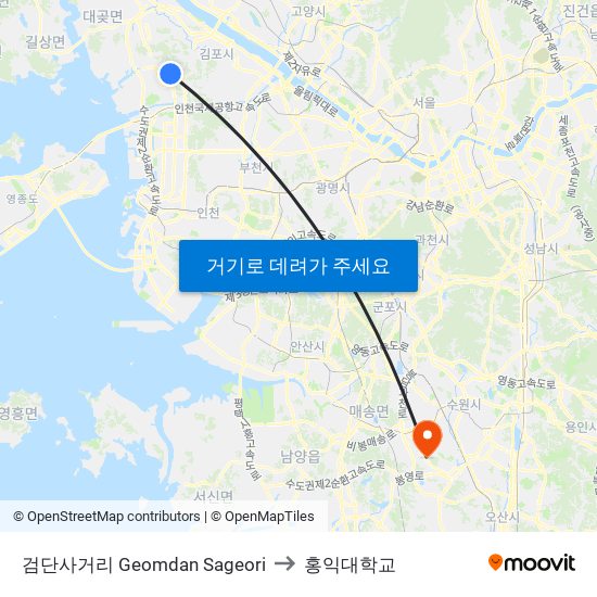 검단사거리 Geomdan Sageori to 홍익대학교 map