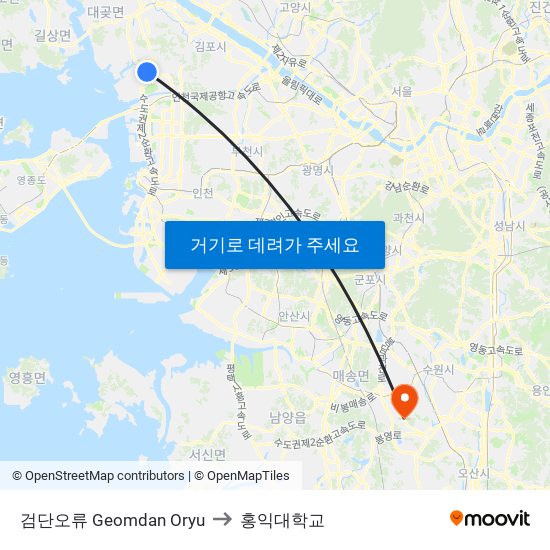 검단오류 Geomdan Oryu to 홍익대학교 map