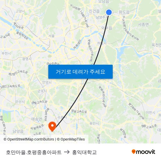 호만마을.호평중흥아파트 to 홍익대학교 map