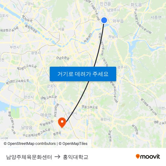 남양주체육문화센터 to 홍익대학교 map