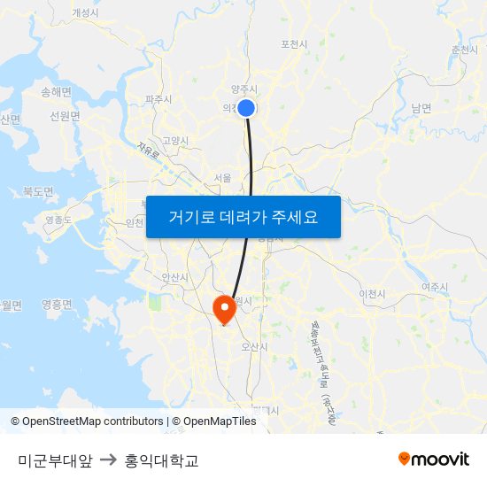 미군부대앞 to 홍익대학교 map
