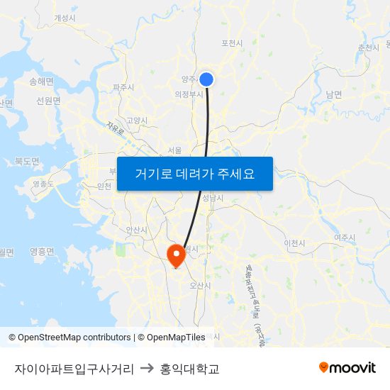 자이아파트입구사거리 to 홍익대학교 map