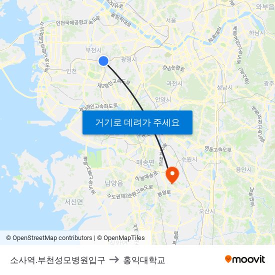 소사역.부천성모병원입구 to 홍익대학교 map