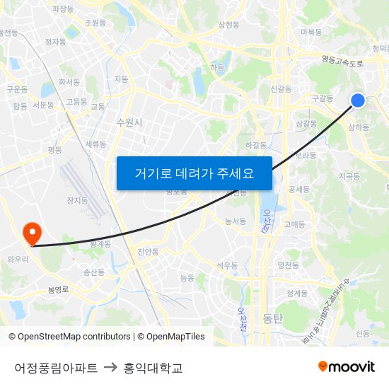 어정풍림아파트 to 홍익대학교 map