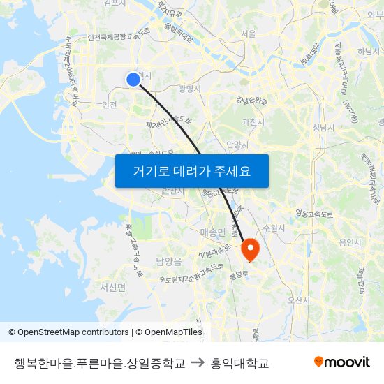 행복한마을.푸른마을.상일중학교 to 홍익대학교 map