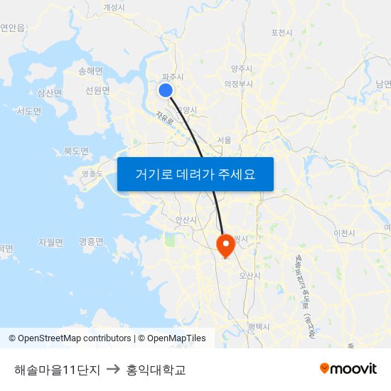 해솔마을11단지 to 홍익대학교 map