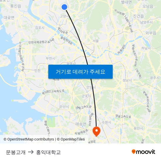 문봉고개 to 홍익대학교 map