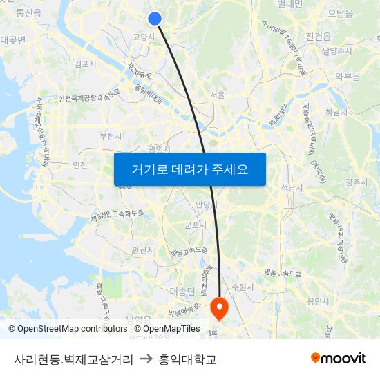 사리현동.벽제교삼거리 to 홍익대학교 map