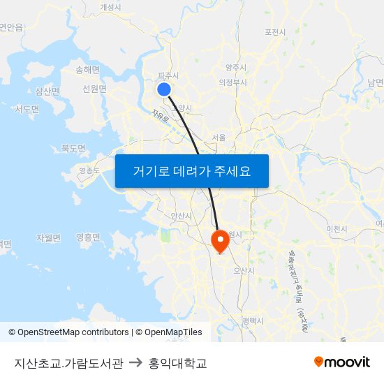 지산초교.가람도서관 to 홍익대학교 map