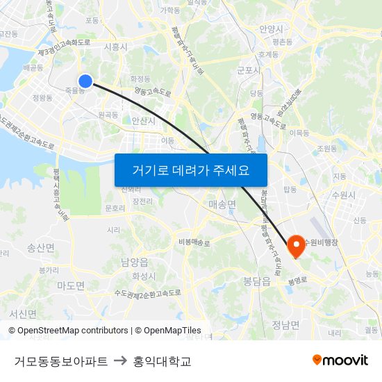 거모동동보아파트 to 홍익대학교 map