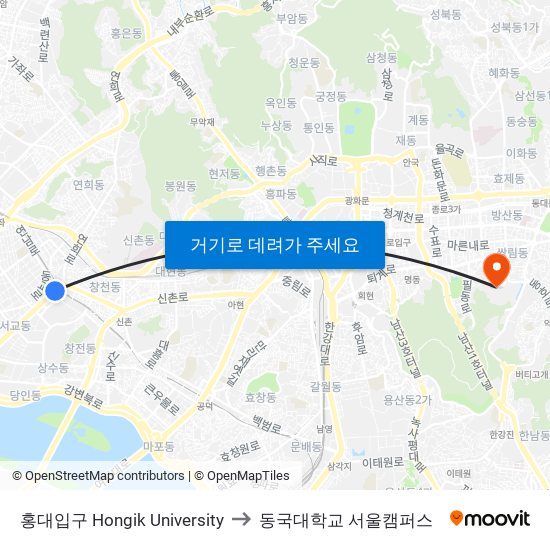 홍대입구 Hongik University to 동국대학교 서울캠퍼스 map