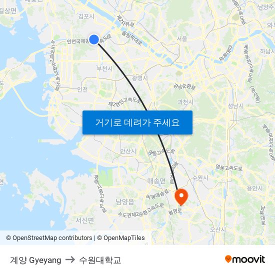 계양 Gyeyang to 수원대학교 map