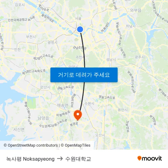 녹사평 Noksapyeong to 수원대학교 map