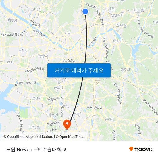 노원 Nowon to 수원대학교 map