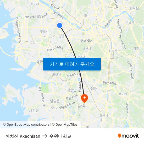 까치산 Kkachisan to 수원대학교 map