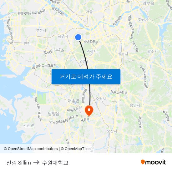 신림 Sillim to 수원대학교 map