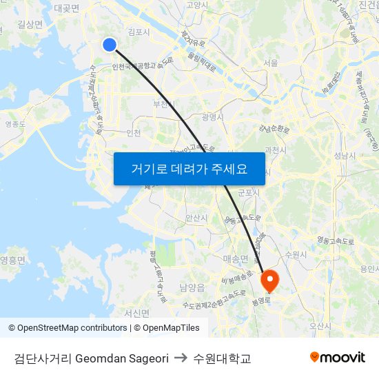 검단사거리 Geomdan Sageori to 수원대학교 map