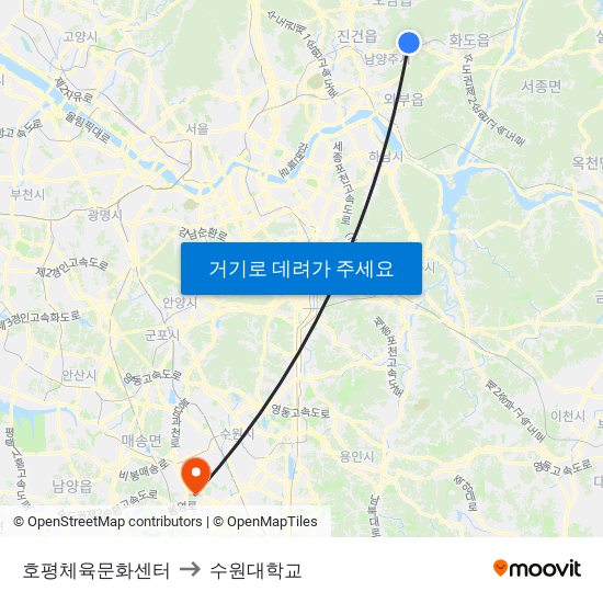 호평체육문화센터 to 수원대학교 map