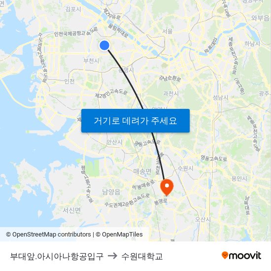 부대앞.아시아나항공입구 to 수원대학교 map