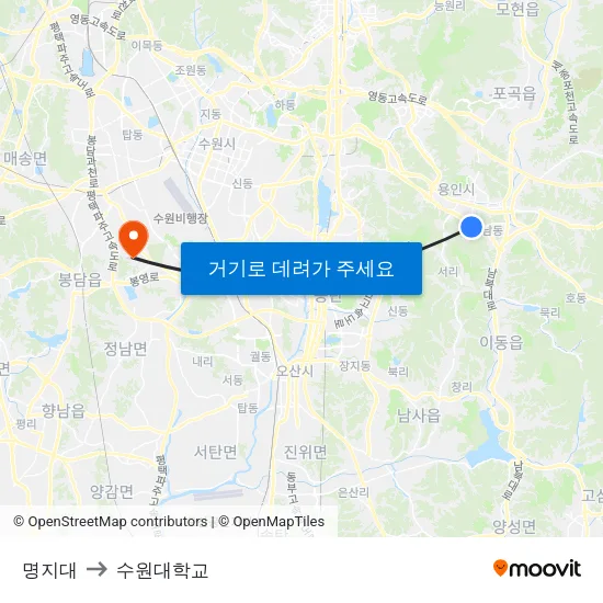 명지대 to 수원대학교 map