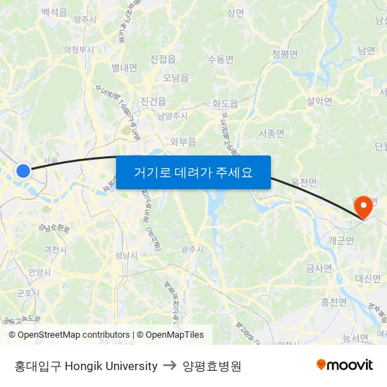 홍대입구 Hongik University to 양평효병원 map