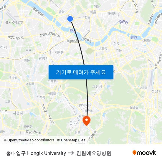 홍대입구 Hongik University to 한림예요양병원 map