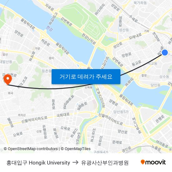 홍대입구 Hongik University to 유광사산부인과병원 map