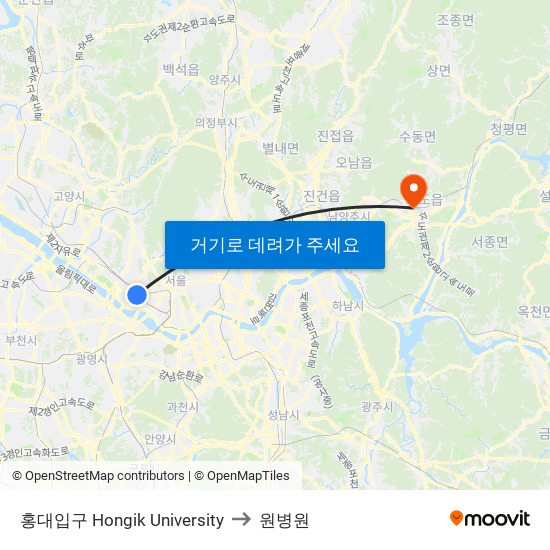 홍대입구 Hongik University to 원병원 map