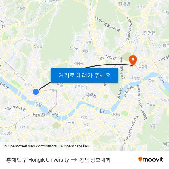 홍대입구 Hongik University to 강남성모내과 map