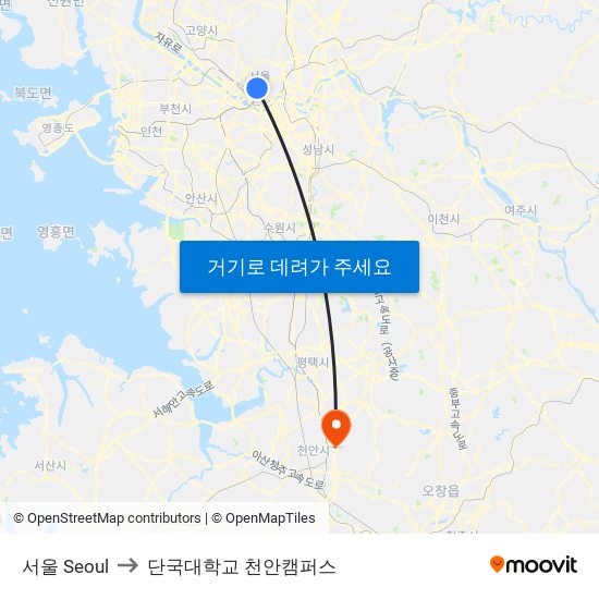 서울 Seoul to 단국대학교 천안캠퍼스 map
