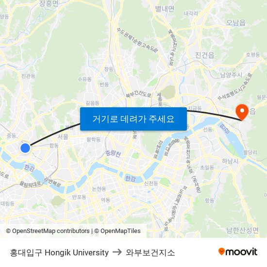 홍대입구 Hongik University to 와부보건지소 map