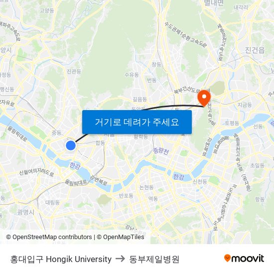 홍대입구 Hongik University to 동부제일병원 map