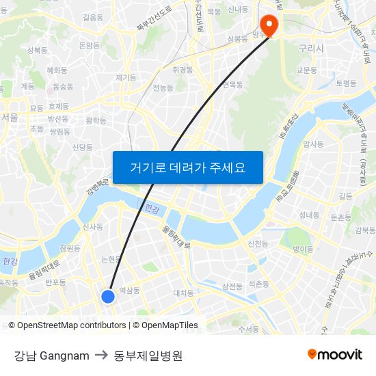 강남 Gangnam to 동부제일병원 map