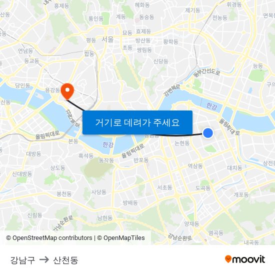 강남구 to 산천동 map