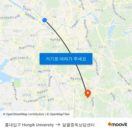 홍대입구 Hongik University to 알콜중독상담센터 map