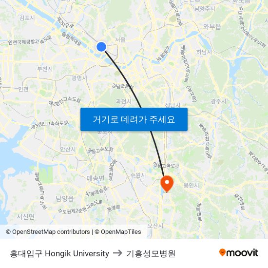 홍대입구 Hongik University to 기흥성모병원 map