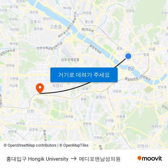 홍대입구 Hongik University to 메디포맨남성의원 map