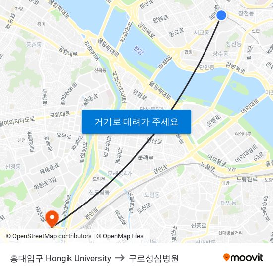 홍대입구 Hongik University to 구로성심병원 map